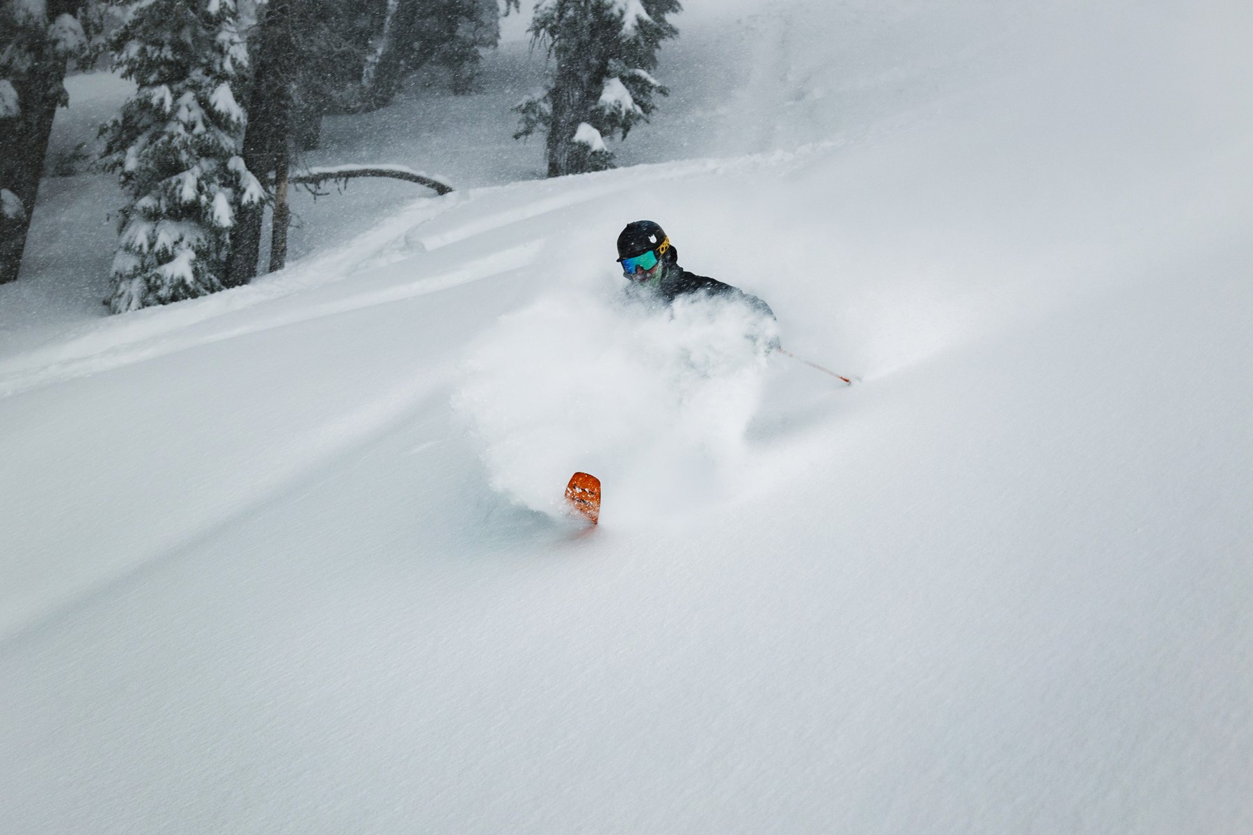 A skier descending powder at Bear Valley Mountain Resort